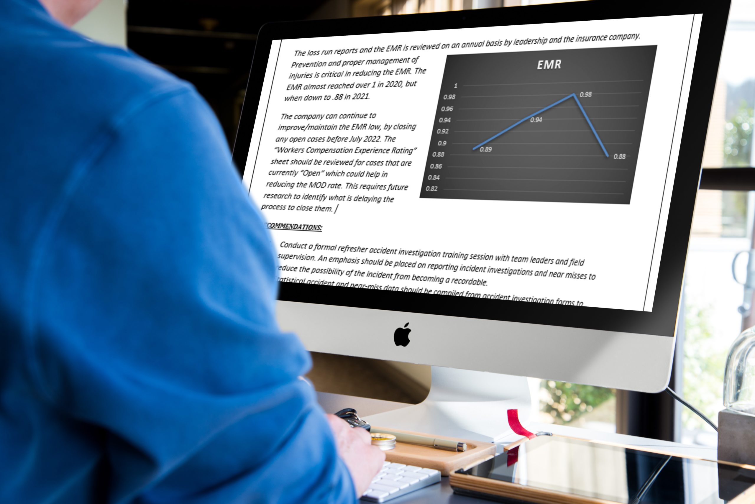 Safety assessment data and compliance reporting displayed on computer monitor